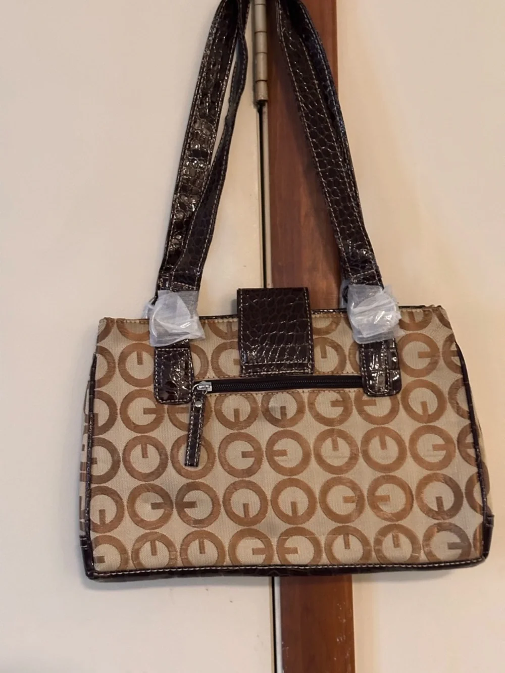 Classic Tan Monogram Tote Bag with Dark Brown Trim - Picture 4 of 5